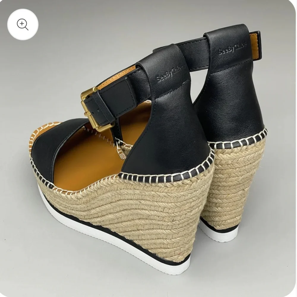 SEE BY CHLOÉ Glyn Wedge Espadrilles Black Leather sandals - Picture 4 of 12
